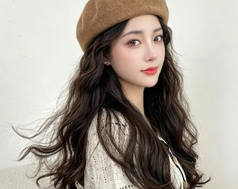 Handmade Wool Beret Hat with Long Wavy Hair Extension Wig, 20" Natural Looking Wig Hat, Chic Winter Gift for Her, Trendy Fall Accessory