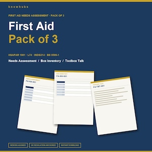 May include: A navy blue graphic with the text "First Aid Pack of 3." Three white documents with text and lines are displayed. The documents are labeled "Needs Assessment," "Box Inventory," and "Toolbox Talk."