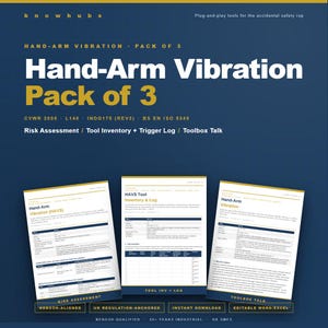 May include: A blue graphic with the text "Hand-Arm Vibration Pack of 3". The image includes three documents labeled "Risk Assessment", "Tool Inventory & Log", and "Toolbox Talk". Additional text includes "NEBOSH-ALIGNED" and "UK REGULATION-ANCHORED".
