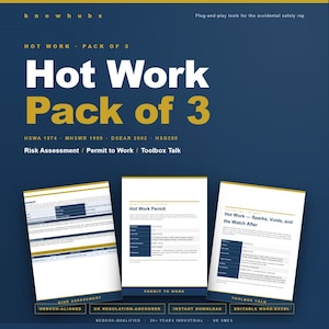 May include: A dark blue graphic with the text "Hot Work Pack of 3" in white and yellow. The image includes three documents labeled "Risk Assessment", "Permit to Work", and "Toolbox Talk". The documents are white with black text.