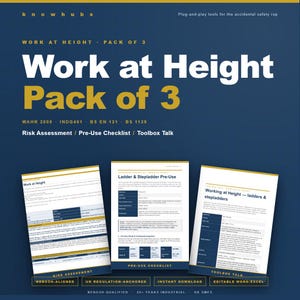 May include: A pack of three documents titled "Work at Height Pack of 3" with the text "Risk Assessment / Pre-Use Checklist / Toolbox Talk." The documents are on a dark blue background with white and yellow text. The documents include "Ladder & Stepladder Pre-Use" and "Working at Height - ladders & stepladders."