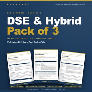 May include: A navy blue graphic with the text "DSE & Hybrid Pack of 3" in yellow. The image includes three documents labeled "Workstation CL", "Hybrid RA", and "Toolbox Talk". Additional text includes "NEBOSH-ALIGNED" and "UK REGULATION-ANCHORED".