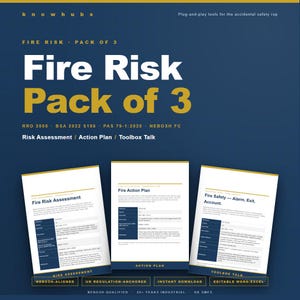 Può includere: Un pacchetto di tre documenti sulla sicurezza antincendio intitolato "Fire Risk Pack of 3". I documenti includono una valutazione dei rischi, un piano d'azione e un colloquio. I documenti sono bianchi con testo nero e blu su sfondo blu scuro.