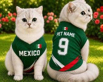 Personalized Mexico Cat Jersey, Custom Pet Soccer Shirt with Name Number, Dog Cat Football Outfit, Mexican Flag Pet Gift