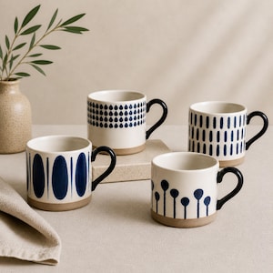Ceramic Coffee Mug | Navy Blue Patterned Cup, 450ml, Nordic Scandi Style
