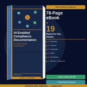 Peut inclure: Une couverture de produit numérique avec le titre "AI-Enabled Compliance Documentation" et le texte "78 pages eBook + 19 actifs prêts à l'emploi". La couverture est bleu foncé avec du texte doré et blanc. Comprend des listes de contrôle, des trackers, des cahiers, des SOP, des feuilles de calcul et des planificateurs.