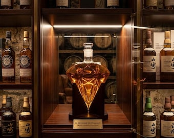 Juego de decantador de whisky Diamond – Decantador de licor de cristal de 850 ml, base de madera de caoba