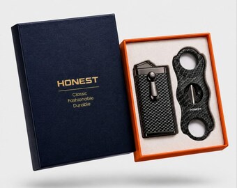 Luxury Cigar Lighter Set, Jet Torch Lighter & V Cut Cutter Gift Box, Carbon Fiber Cigar Accessories Gift for Men