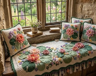 Crochet Pattern PDF — Lily Pond Cottage Blanket & Pillow Set | Water Lily Motif Throw |