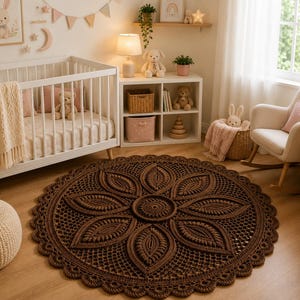 May include: A round, dark brown crochet rug featuring a central circular motif surrounded by eight large, textured leaf-shaped patterns. The rug has an intricate, open-work lattice design and a scalloped, decorative border edge throughout the piece.