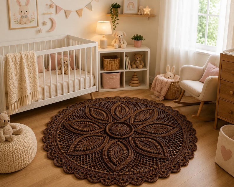 May include: A round, dark brown crochet rug featuring a central circular motif surrounded by eight large, textured leaf-shaped patterns. The rug has an intricate, open-work lattice design and a scalloped, decorative border edge throughout the piece.