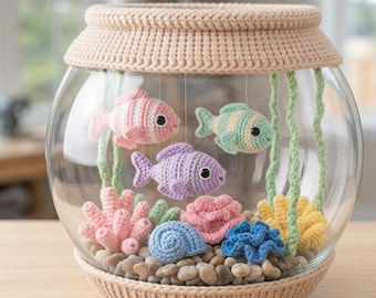 Crochet Aquarium Fishbowl Pattern | Amigurumi Fish PDF | Hanging Display with Coral Seaweed Snail Anemone