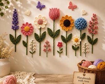 Häkelanleitung für eine Blumenwanddeko (PDF) | Anleitung für einen floralen Wandbehang | Amigurumi-Dekoration