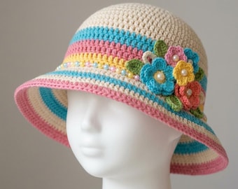 Crochet Cloche Hat Pattern PDF – Beginner Friendly Spring Bucket Hat with Flowers, Stripes