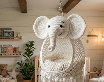 Crochet Elephant Hanging Bassinet Pattern PDF — Baby Swing Basket, Boho Nursery Decor, Amigurumi Elephant,