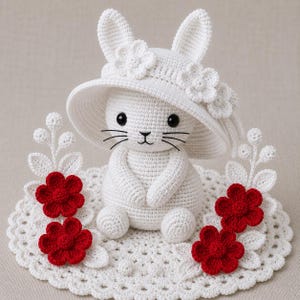 Könnte beinhalten: Eine weiß gehäkelte Hasenfigur mit einem breitkrempigen Hut, der mit weißen Blüten verziert ist. Der Hase sitzt auf einer runden, weiß gehäkelten Deckchen, die mit weißen gehäkelten Blättern und vier leuchtend roten Blüten verziert ist.