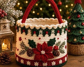 Weihnachtskorb-Häkelanleitung (PDF) | Anleitung für einen Weihnachtsstern-Stechpalmen-Beerenkorb | Mittelschwer