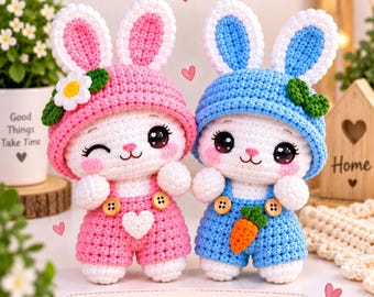 Häkelanleitung für ein Plüschhasen-Plüschtier (PDF), einfacher Amigurumi-Hase mit Latzhose und Mütze
