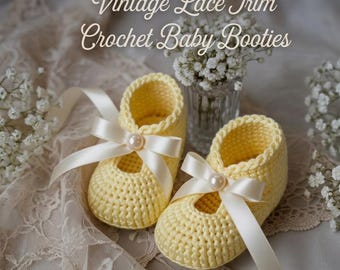 Crochet Baby Booties Pattern PDF – Vintage Lace Trim Mary Jane Shoes, Newborn to
