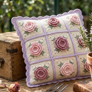 Op de afbeelding: Een vierkant, crèmekleurig gehaakt kussen met een bloemenontwerp. Het kussen heeft negen vierkanten, elk met een gehaakte roos in roze en mauve tinten. Het heeft een geschulpte lavendelkleurige rand en ligt op een houten oppervlak.