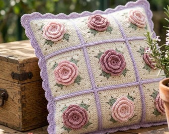 Crochet Pillow Pattern PDF — Cottage Rose Granny Square Cover, 3D Bobble Rose