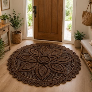 May include: A circular brown crochet rug featuring a central medallion surrounded by eight large, textured leaf-shaped motifs and an intricate openwork lattice pattern, finished with a scalloped edge border made of thick, dark brown yarn.