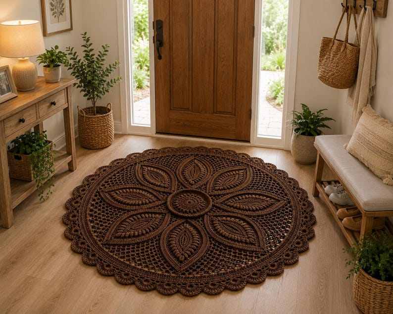 May include: A circular brown crochet rug featuring a central medallion surrounded by eight large, textured leaf-shaped motifs and an intricate openwork lattice pattern, finished with a scalloped edge border made of thick, dark brown yarn.