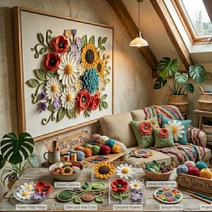 Puede incluir: Una acogedora sala de estar con una gran obra de arte floral enmarcada con flores de ganchillo rojas, blancas, amarillas y azules. Cojines y una manta de ganchillo con diseños florales están en el sofá. Varios elementos y suministros de flores de ganchillo se exhiben en la mesa.