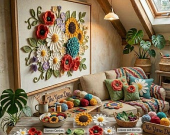 Peut inclure: Intérieur de salon avec une grande œuvre d'art florale encadrée composée de fleurs au crochet rouges, blanches, jaunes et bleues. Des coussins et une couverture au crochet avec des motifs floraux sont sur le canapé. Divers éléments et fournitures de fleurs au crochet sont exposés sur la table.