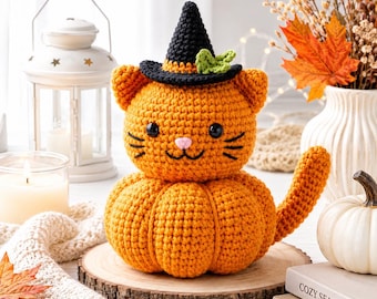 Kürbishexenkatze Häkelanleitung PDF, Halloween Amigurumi Katze