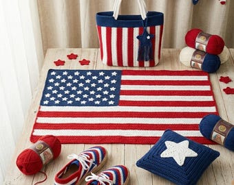 Patriotic Americana Crochet Pattern Bundle — Flag Rug, Tote Bag, Slippers, Star Pillow & Bunting —