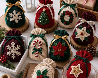 Crochet Christmas Gift Bag Pattern PDF - 8 Holiday Designs, Snowflake