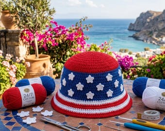 Patroon patriottisch gehaakte emmerhoed pdf — Stars and Stripes zomerhoed, beginnersvriendelijk,