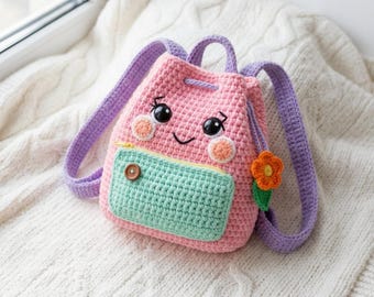 Crochet Backpack Pattern Kawaii Mini Bag PDF Flower Zipper Pocket Amigurumi Purse