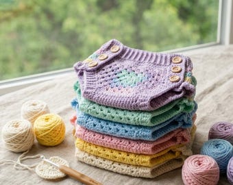 Granny Square Diamond Baby Bloomers Crochet PATTERN | Ribbed Waist Button Diaper Cover | Boho Pastel