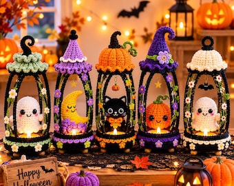 Halloween-Laterne Häkelanleitung PDF, Amigurumi Geisterkatze Kürbis Mond Hexenhut Laterne