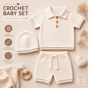 Crochet Baby 3 Piece Set PATTERN Polo Shirt Shorts Beanie Crochet