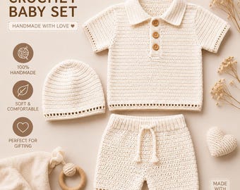 Häkelanleitung für ein 3-teiliges Baby-Set: Poloshirt, Shorts, Mütze