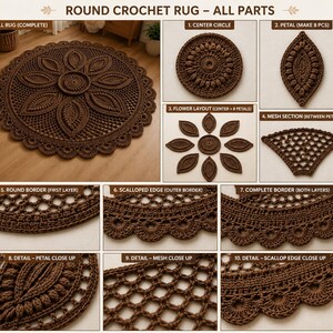 May include: A brown round crochet rug with a floral pattern, shown in a multi-part instructional layout. The image displays the full rug, a center circle, eight individual petals, mesh sections, and close-up details of the scalloped edge.