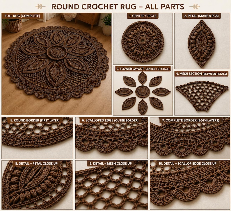 May include: A brown round crochet rug with a floral pattern, shown in a multi-part instructional layout. The image displays the full rug, a center circle, eight individual petals, mesh sections, and close-up details of the scalloped edge.