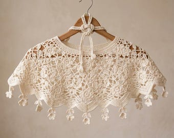 Häkel-Cape MUSTER PDF, Häkelspitze Schal Kragen Muster, Boho Blumen Quaste Poncho,