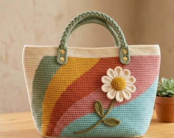 Rainbow Stripe Tote Bag Crochet Pattern | Daisy Applique Tapestry Crochet