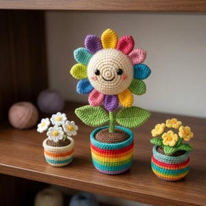 May include: Three crocheted flower arrangements on a wooden shelf. The largest is a smiling sunflower with rainbow petals and a striped pot. Two smaller arrangements feature white daisies and yellow flowers, each in a rainbow-striped pot.