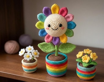 Schema PDF per realizzare un fiore arcobaleno all'uncinetto, schema amigurumi di un girasole, per principianti