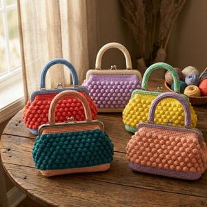 May include: A collection of five small, handmade crochet handbags featuring a textured bobble stitch pattern. Each bag has a metal kiss-lock frame and a single handle. The bags are colored in orange, blue, lavender, yellow, and dark teal.