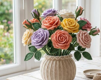 Crochet Rose Bouquet Pattern, Beginner Flower Vase Amigurumi (Digital Download)