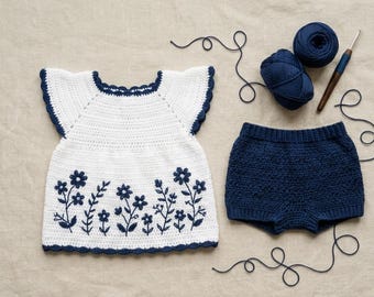 Navy Wildflower Baby Crochet Pattern, Flutter Sleeve Top Bloomer Shorts PDF, Crochet