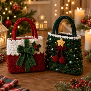 Può includere: Due borse all'uncinetto con motivi festivi. La borsa a sinistra è rossa e bianca con un fiocco verde e agrifoglio. La borsa a destra è verde scuro con una stella gialla, pon pon rossi e piccoli fiocchi di neve bianchi. Entrambe hanno manici.