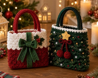 Häkelanleitung für eine Weihnachtshandtasche (PDF) | 2er-Set | Geschenktüte für Weihnachten