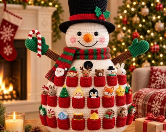 Crochet Snowman Advent Calendar Pattern PDF, Basket + 17 Holiday Motifs, Santa Elf Reindeer Angel